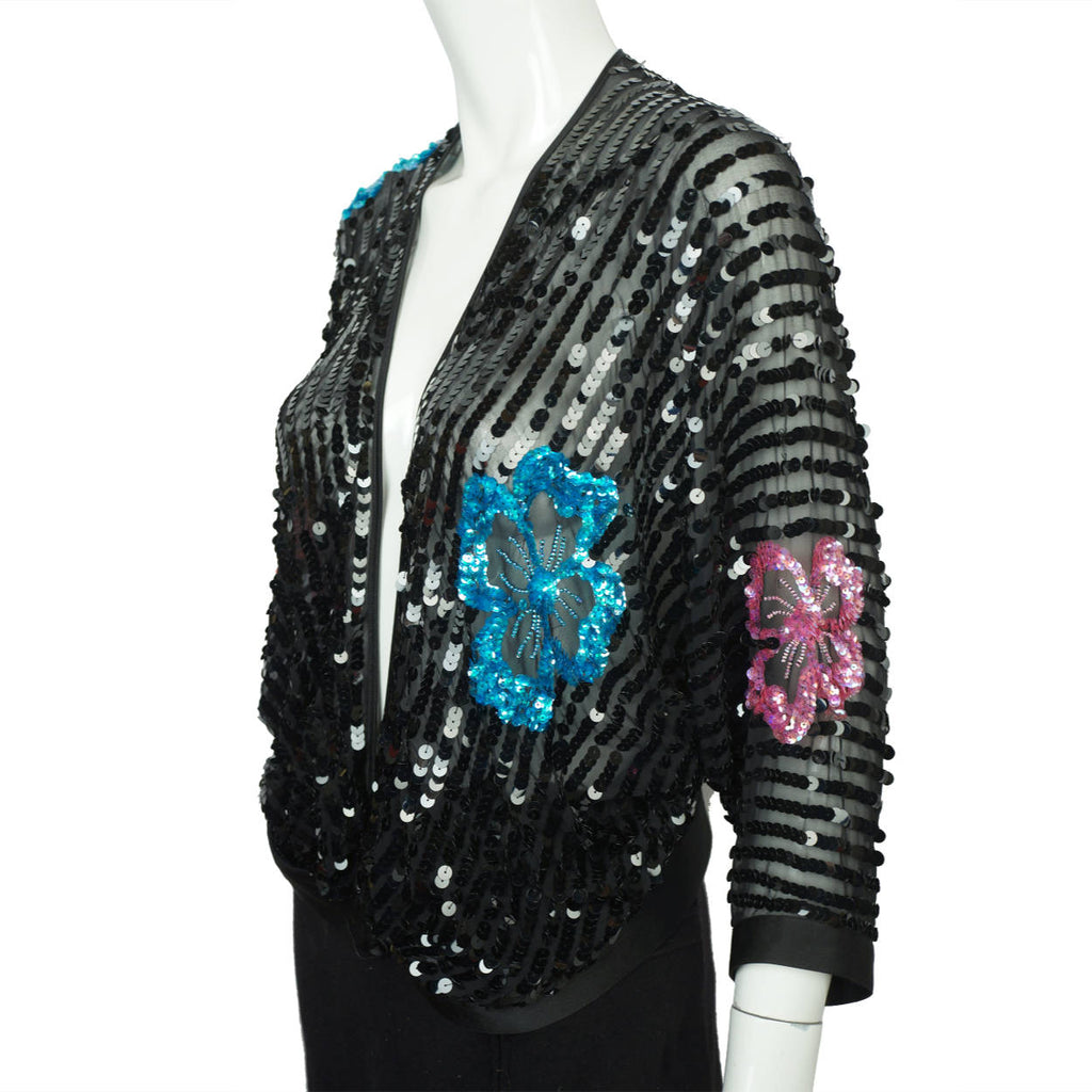 Vintage 70s Jean Jourdan Paris Black Sequin Jacket Size 14 - Poppy's Vintage Clothing