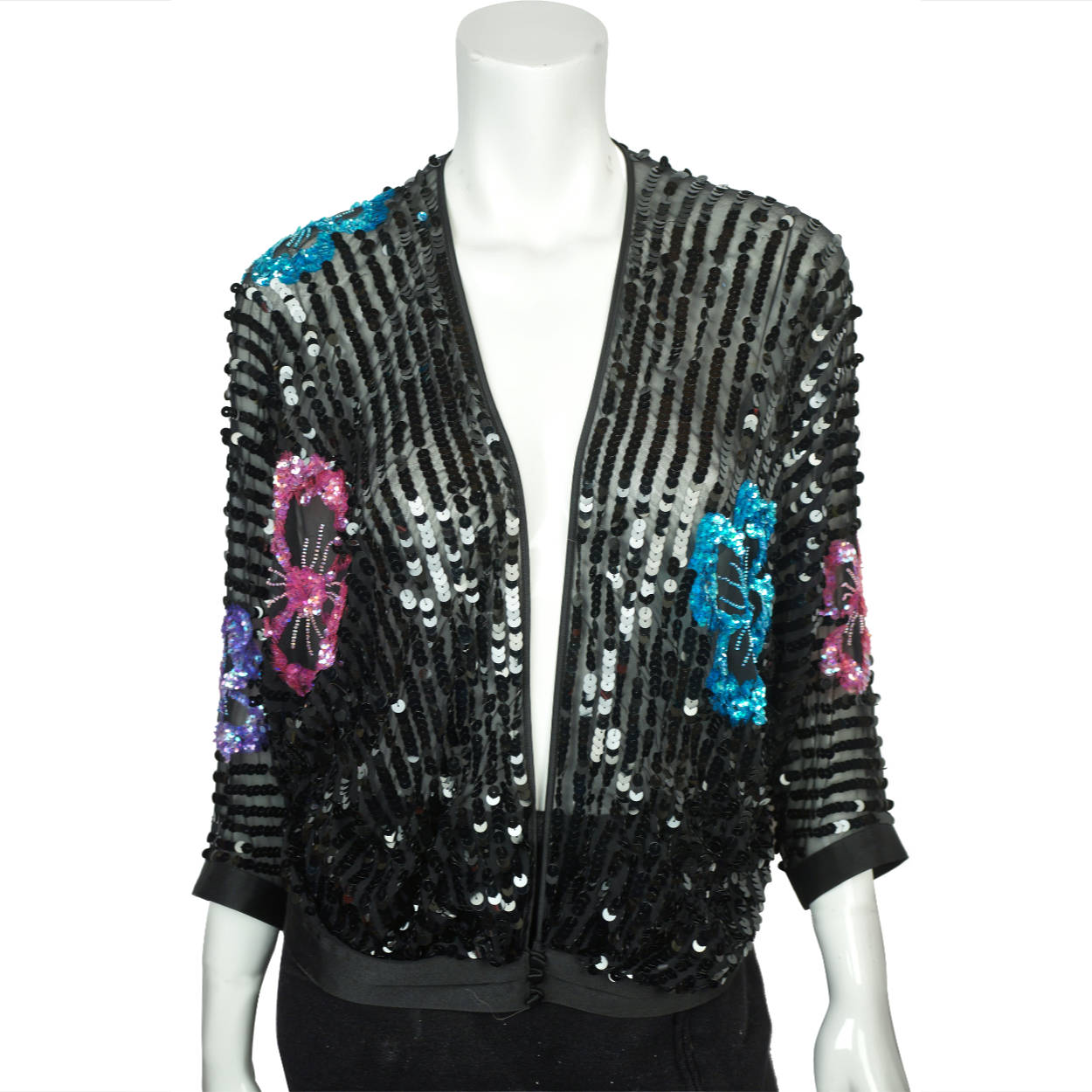 Vintage 70s Jean Jourdan Paris Black Sequin Jacket Size 14 - Poppy's Vintage Clothing