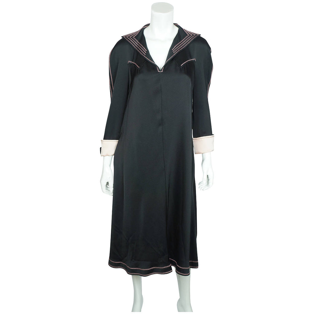 Vintage 1970s Jean Muir Black Jersey Dress  with Pink Stitching Size M L - Poppy's Vintage Clothing