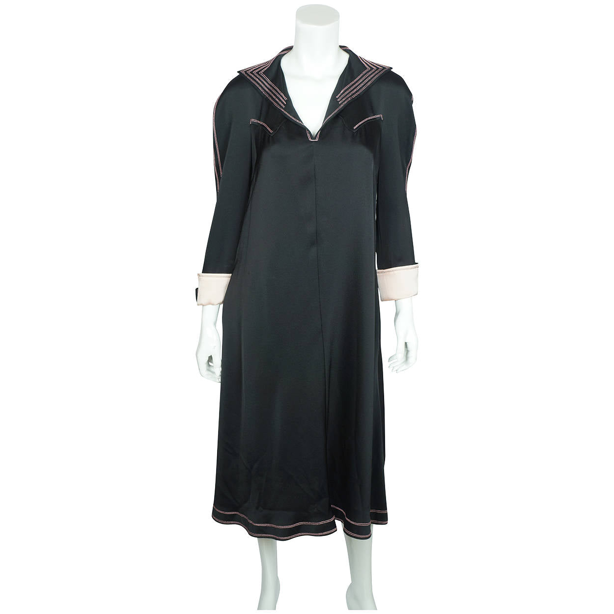 Vintage 1970s Jean Muir Black Jersey Dress  with Pink Stitching Size M L - Poppy's Vintage Clothing