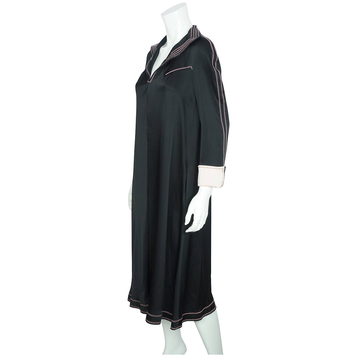 Vintage 1970s Jean Muir Black Jersey Dress  with Pink Stitching Size M L - Poppy's Vintage Clothing