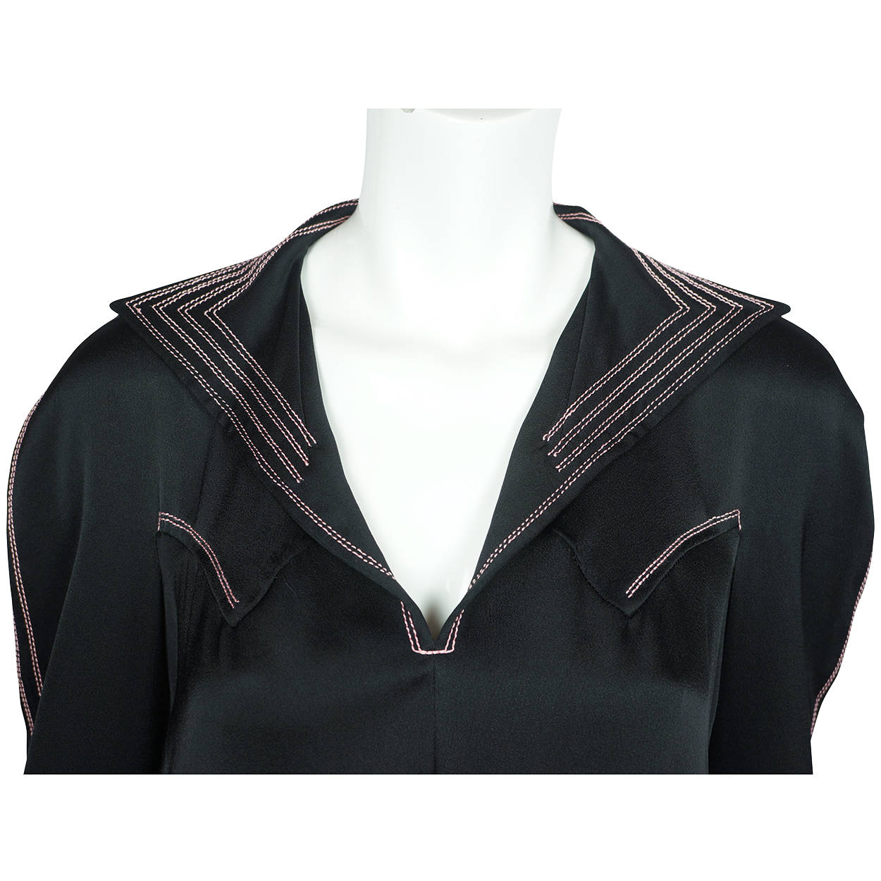 Vintage 1970s Jean Muir Black Jersey Dress  with Pink Stitching Size M L - Poppy's Vintage Clothing