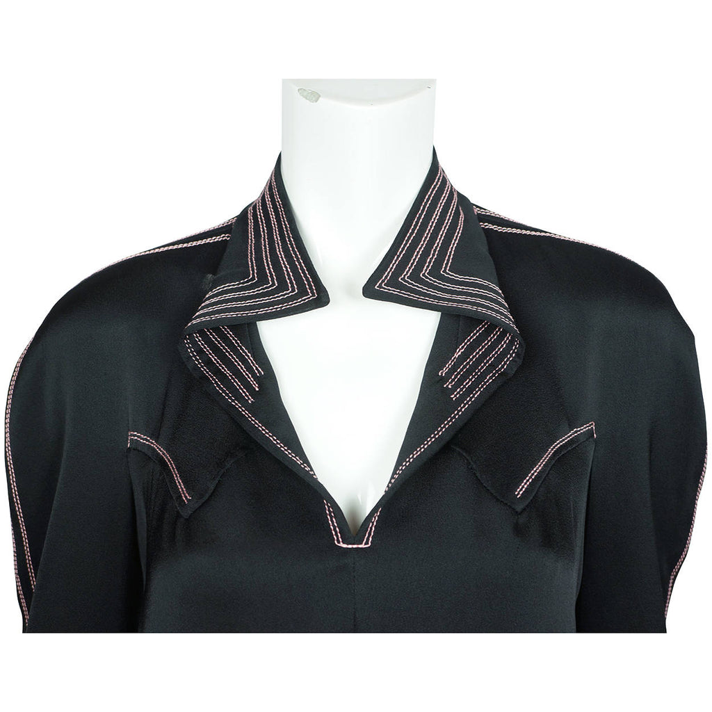 Vintage 1970s Jean Muir Black Jersey Dress  with Pink Stitching Size M L - Poppy's Vintage Clothing