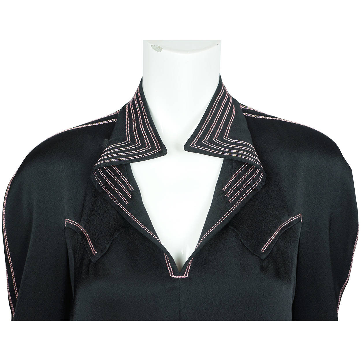 Vintage 1970s Jean Muir Black Jersey Dress  with Pink Stitching Size M L - Poppy's Vintage Clothing