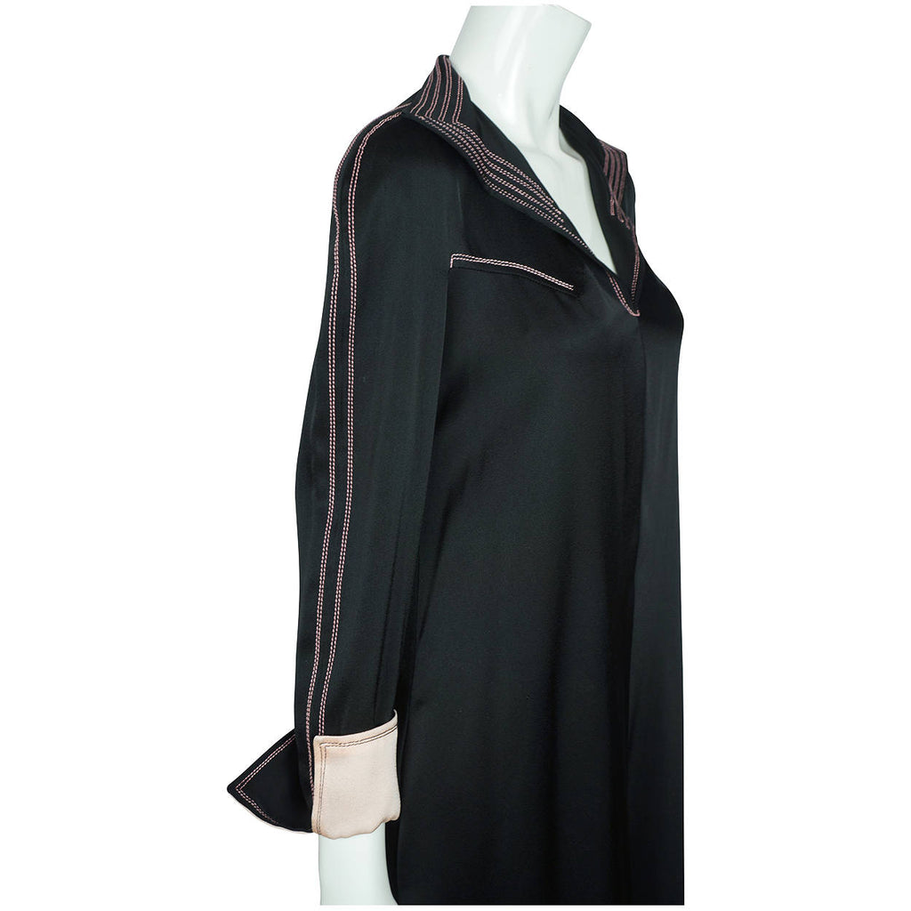 Vintage 1970s Jean Muir Black Jersey Dress  with Pink Stitching Size M L - Poppy's Vintage Clothing