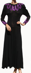 Vintage 1980s Jean Muir Dress - Black Rayon Jersey w Pink Sequins - Poppy's Vintage Clothing