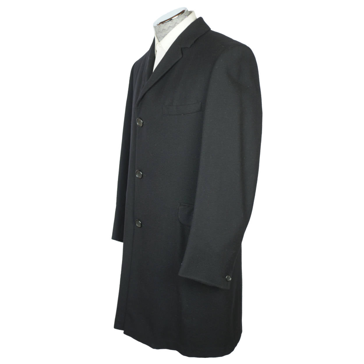 Vintage Mens Overcoat 60s Custom Tailored Black Wool Size M - Poppy's Vintage Clothing