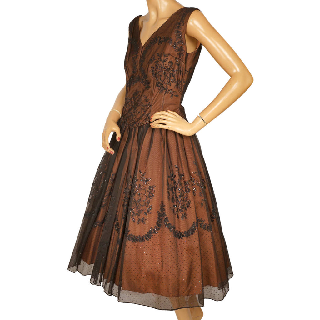 Vintage 1950s Crinoline Dress by Jonathan Logan Sparkly Flocked Voile Taffeta M - Poppy's Vintage Clothing