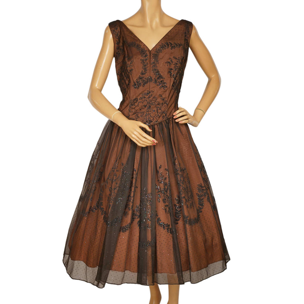 Vintage 1950s Crinoline Dress by Jonathan Logan Sparkly Flocked Voile Taffeta M - Poppy's Vintage Clothing