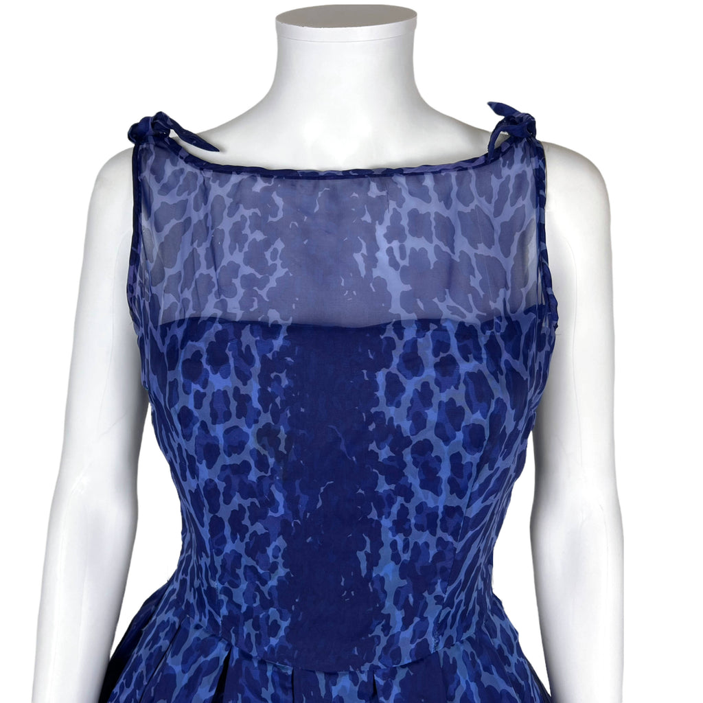 Vintage 1950s Voile Dress Blue Leopard Print Jonathan Logan