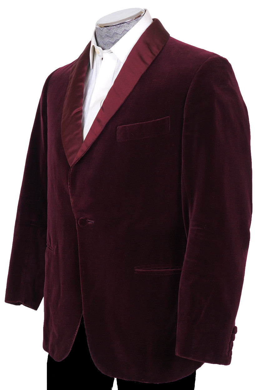 Vintage 70s Maroon Velvet Smoking Jacket by Bespoke Tailor Savile Row - Poppy's Vintage Clothing