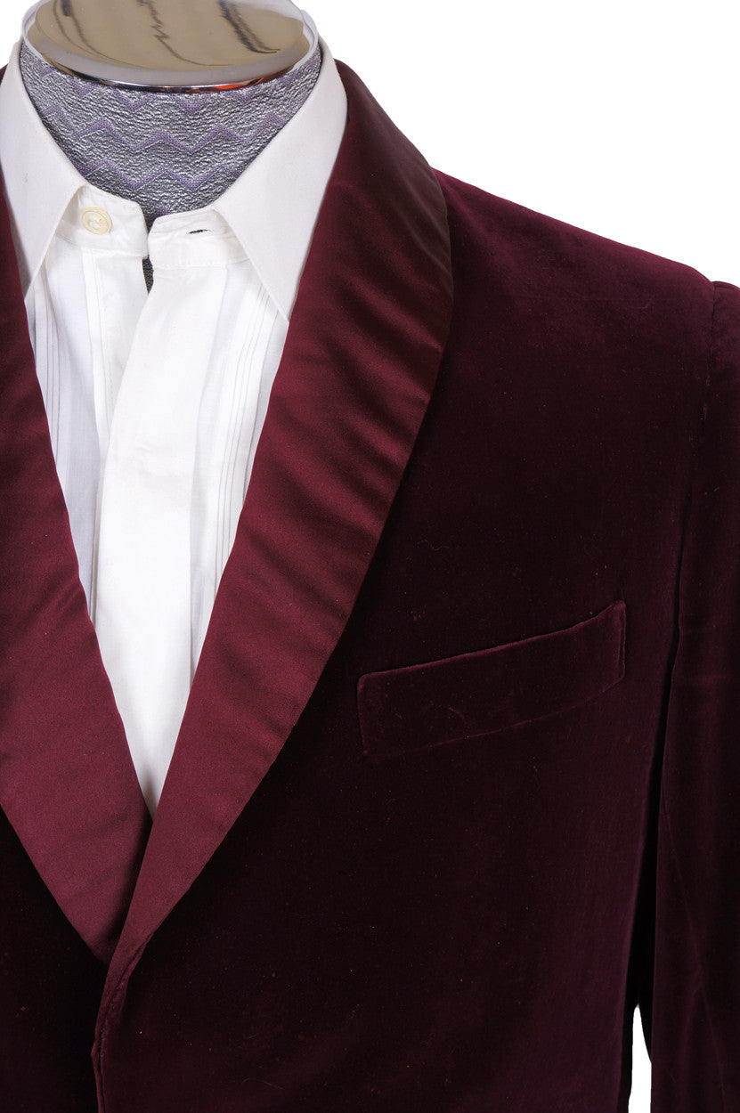 Vintage 70s Maroon Velvet Smoking Jacket by Bespoke Tailor Savile Row - Poppy's Vintage Clothing