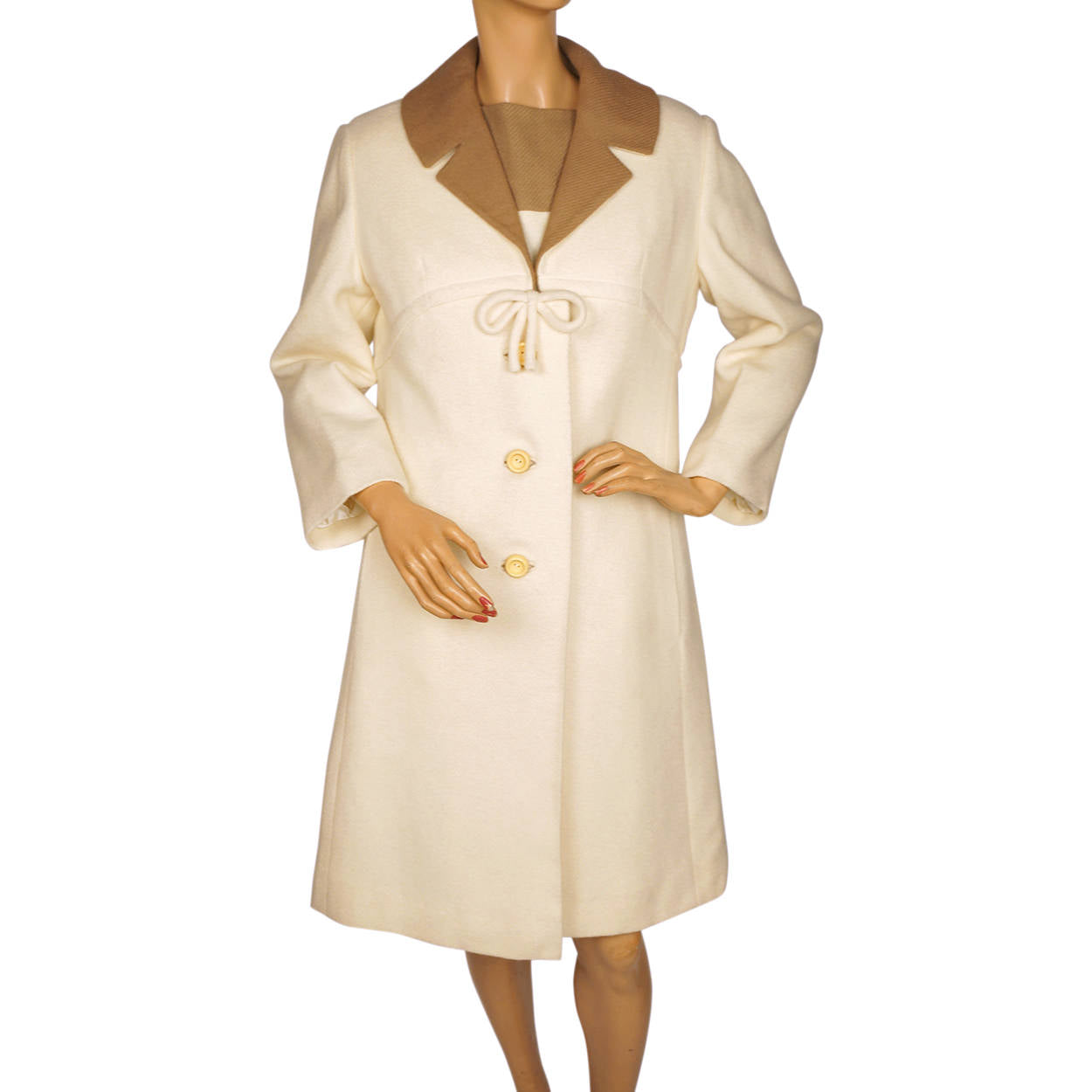 Vintage 1960s Wool Dress &amp; Coat Set Cream White &amp; Brown Joshar Montreal Size M L - Poppy's Vintage Clothing
