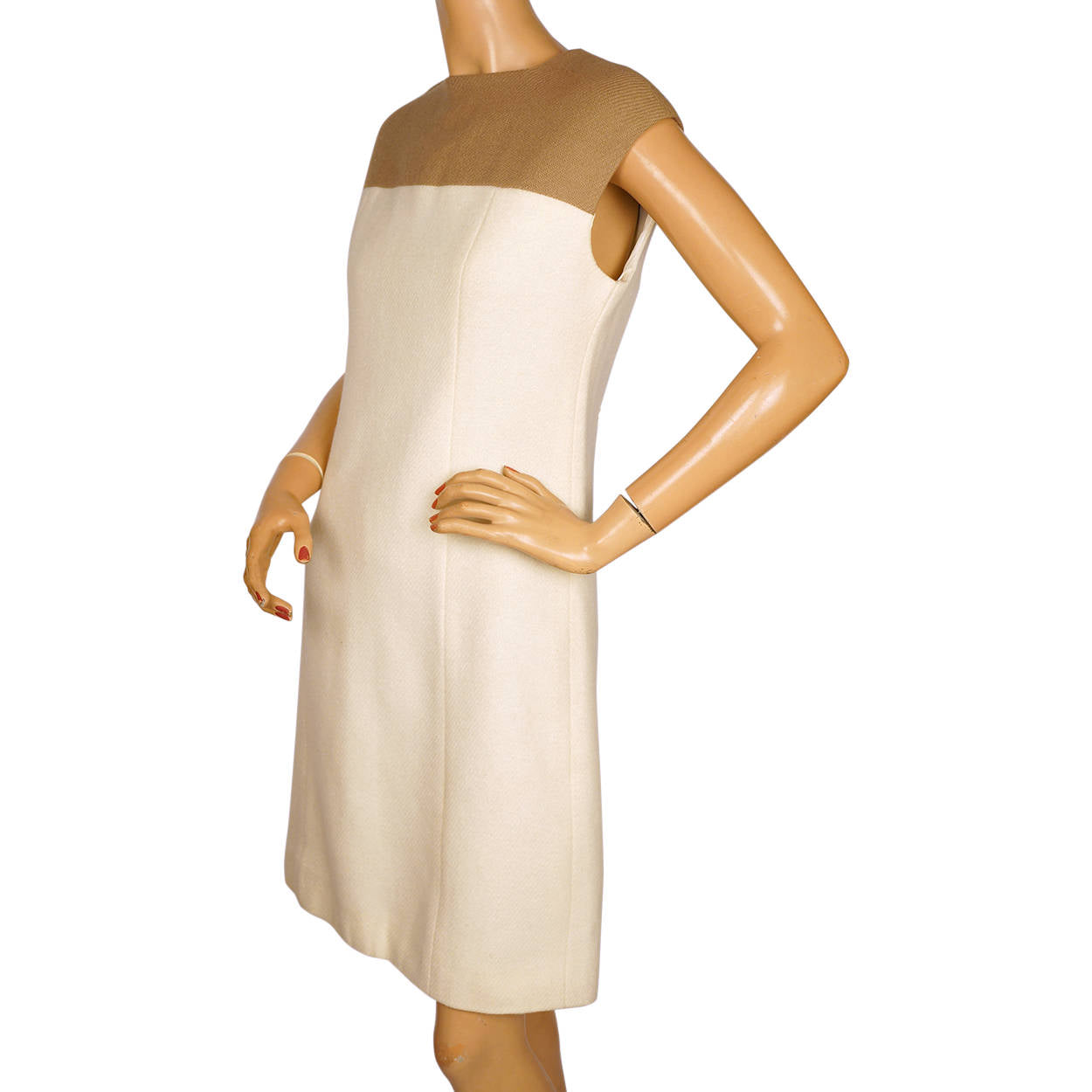 Vintage 1960s Wool Dress &amp; Coat Set Cream White &amp; Brown Joshar Montreal Size M L - Poppy's Vintage Clothing