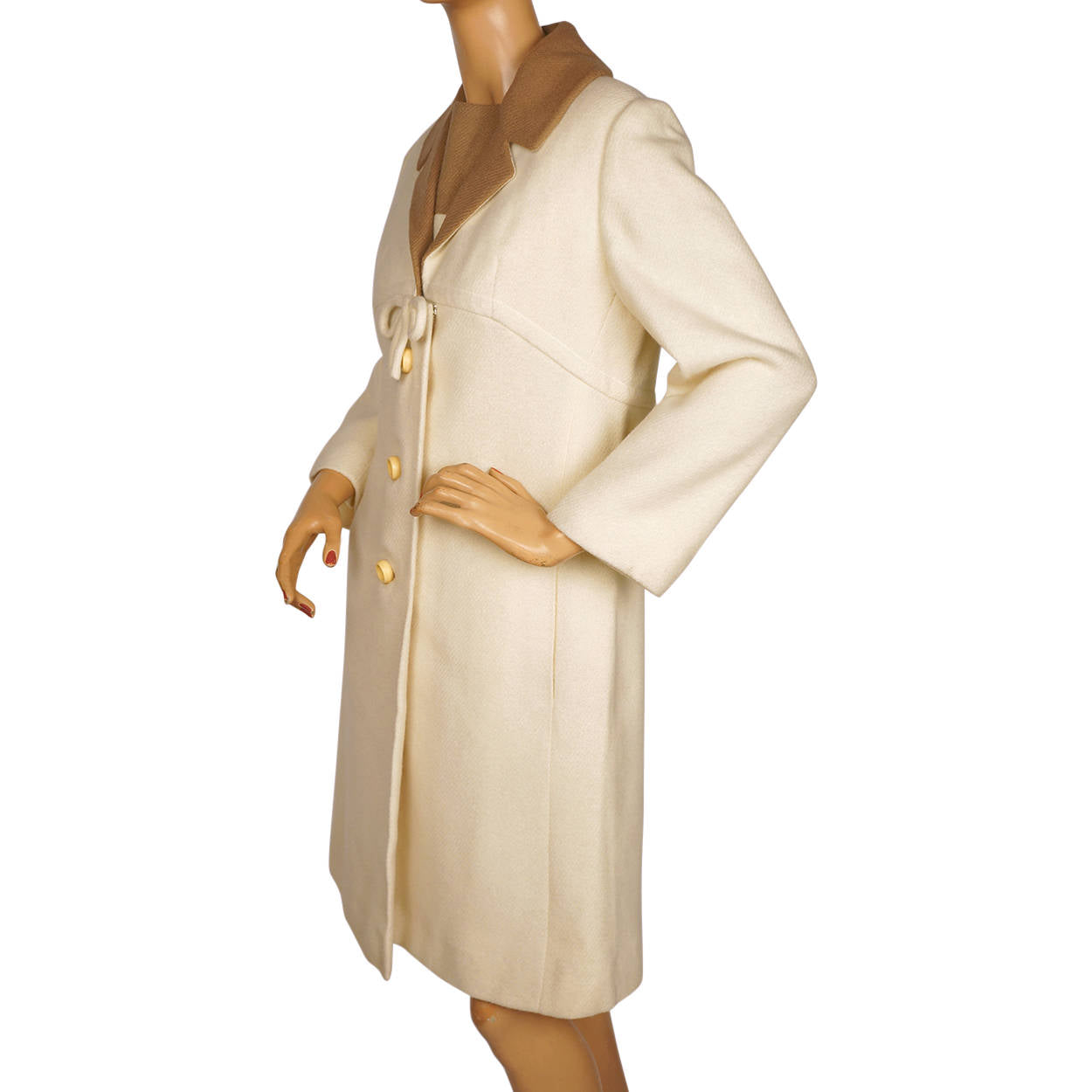 Vintage 1960s Wool Dress &amp; Coat Set Cream White &amp; Brown Joshar Montreal Size M L - Poppy's Vintage Clothing