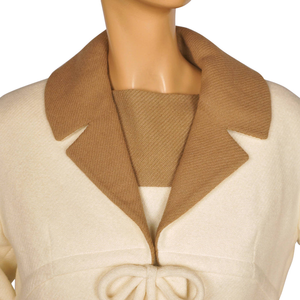 Vintage 1960s Wool Dress &amp; Coat Set Cream White &amp; Brown Joshar Montreal Size M L - Poppy's Vintage Clothing