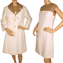 Vintage 1960s Wool Dress &amp; Coat Set Cream White &amp; Brown Joshar Montreal Size M L - Poppy's Vintage Clothing