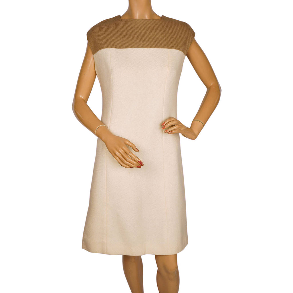 Vintage 1960s Wool Dress &amp; Coat Set Cream White &amp; Brown Joshar Montreal Size M L - Poppy's Vintage Clothing