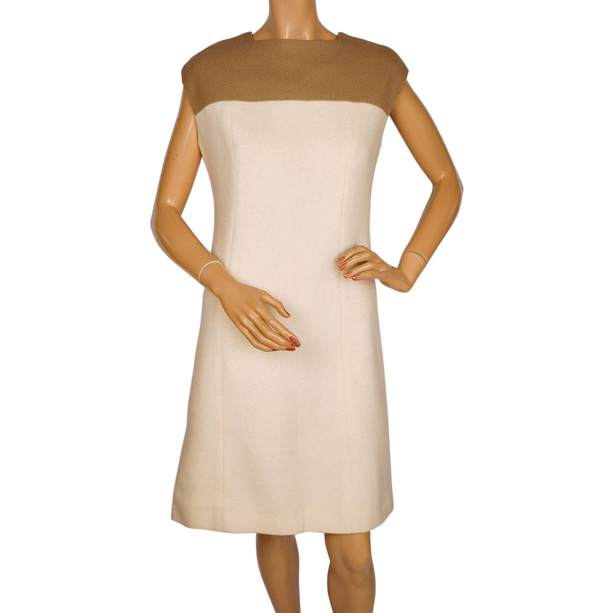 Vintage 1960s Wool Dress &amp; Coat Set Cream White &amp; Brown Joshar Montreal Size M L - Poppy's Vintage Clothing