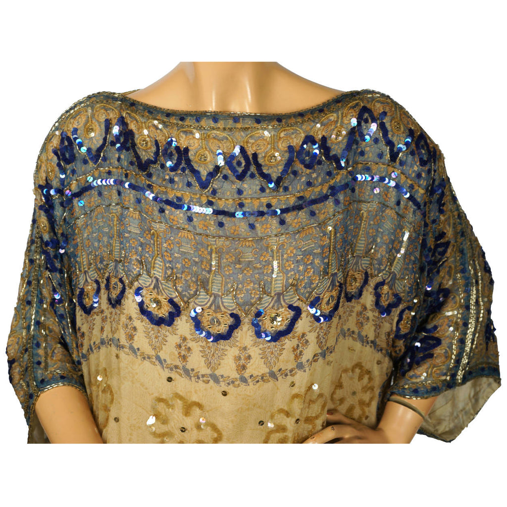 Vintage 1970s Judith Ann Creations Indian Silk Dress Sequinned Beaded Size M - Poppy's Vintage Clothing