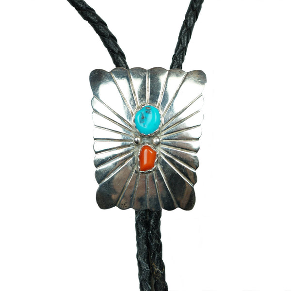 Vintage Julia Etsitty Bolo Tie Southwest Navajo Sterling Silver Turquoise Coral - Poppy's Vintage Clothing