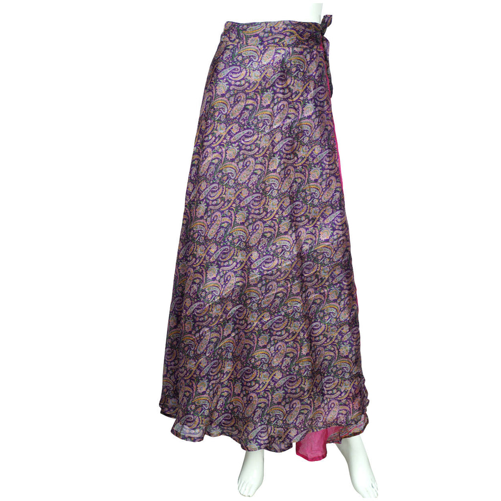 Vintage 1980s Indian Silk Wraparound Skirt Purple Paisley Print M L - Poppy's Vintage Clothing