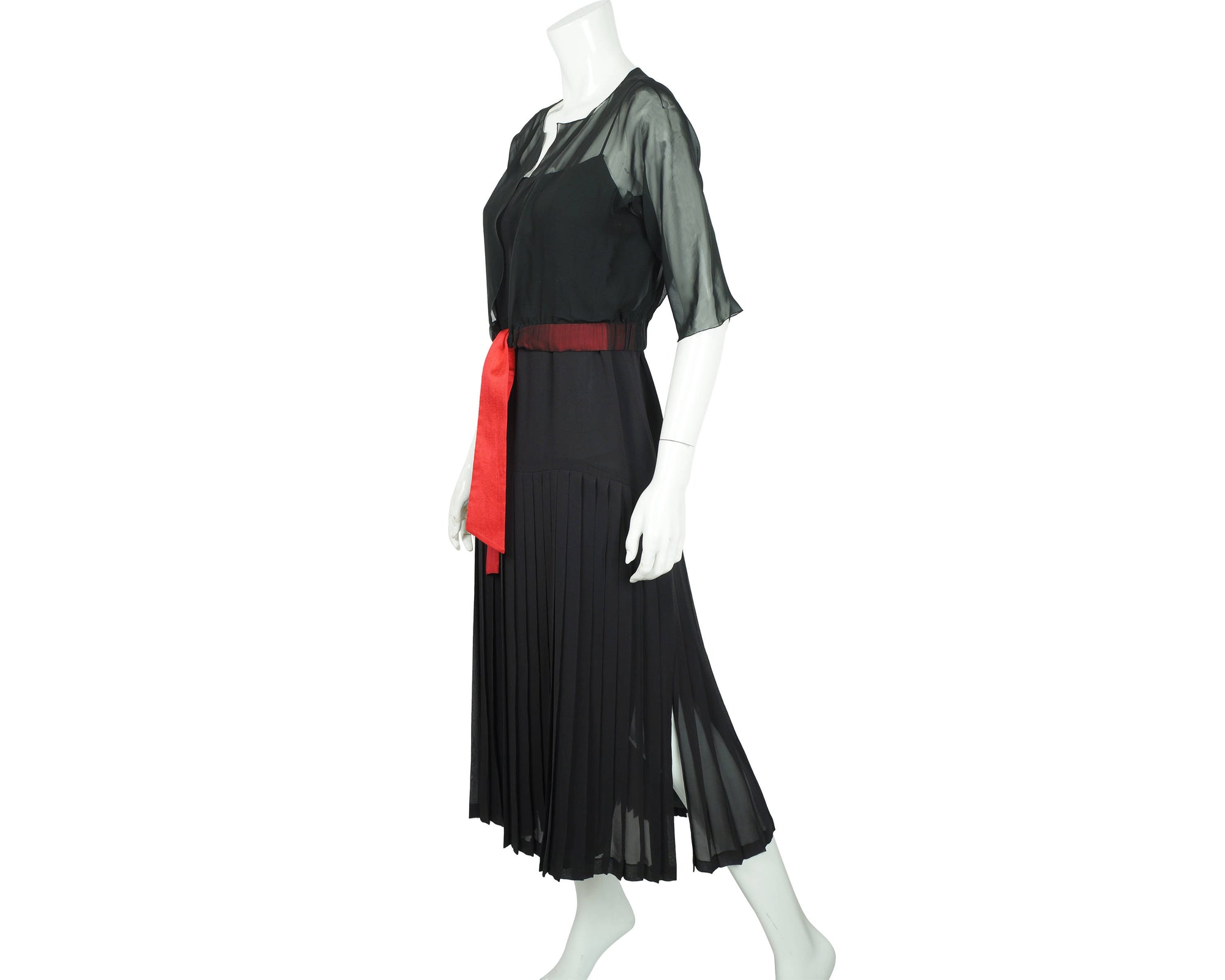 Vintage 80s Karl Lagerfeld Dress Black Silk w Chiffon Top 42 - Poppy's Vintage Clothing