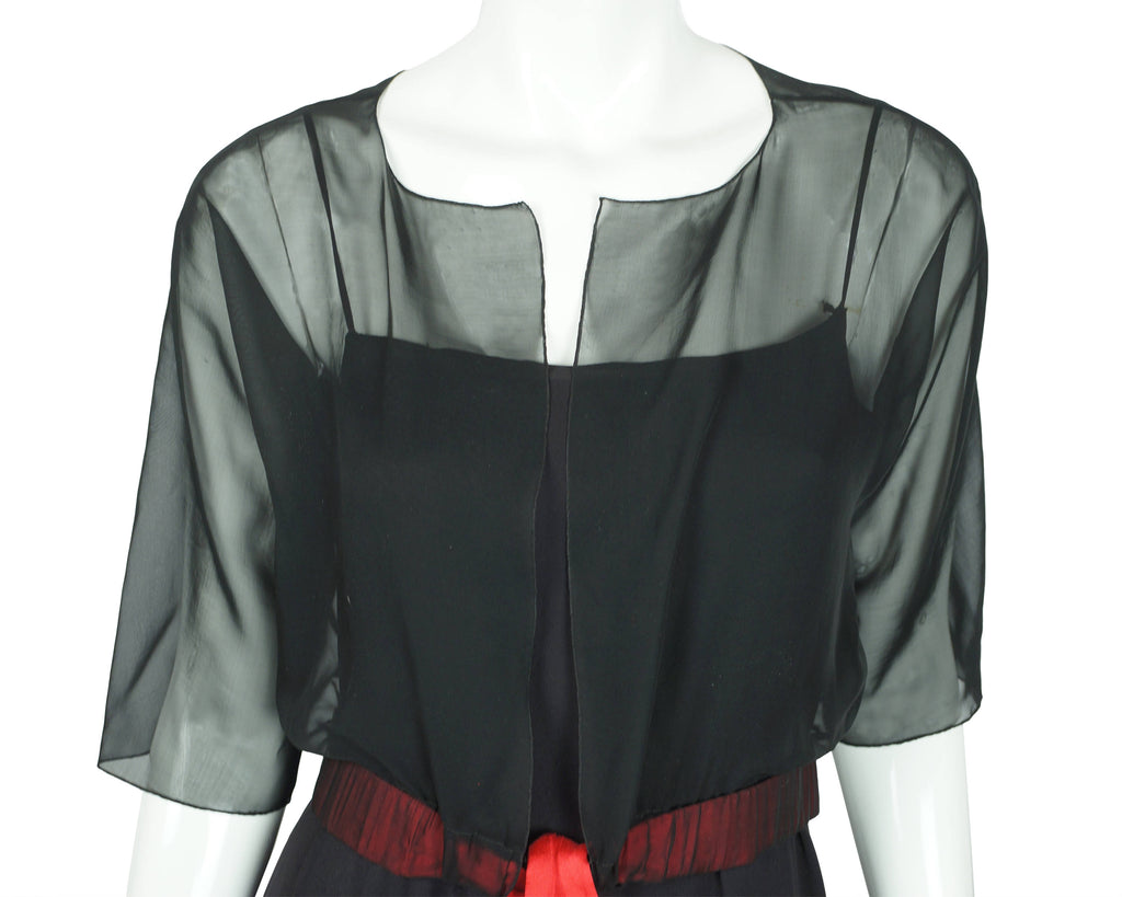 Vintage 80s Karl Lagerfeld Dress Black Silk w Chiffon Top 42 - Poppy's Vintage Clothing