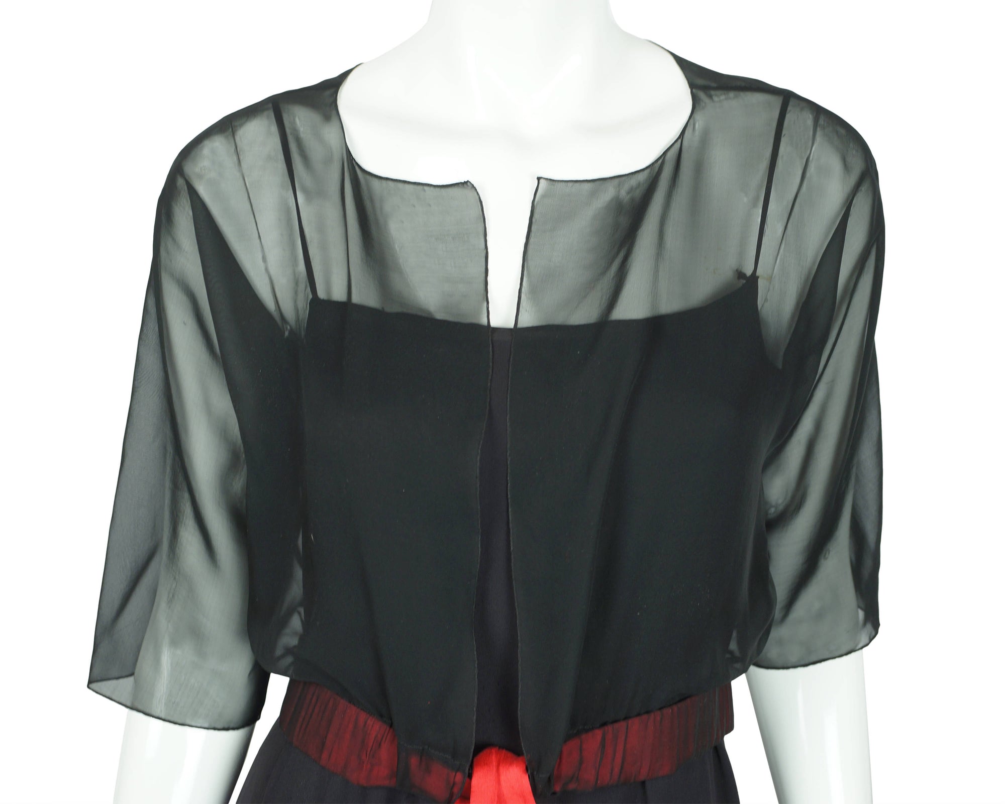 Vintage 80s Karl Lagerfeld Dress Black Silk w Chiffon Top 42 - Poppy's Vintage Clothing