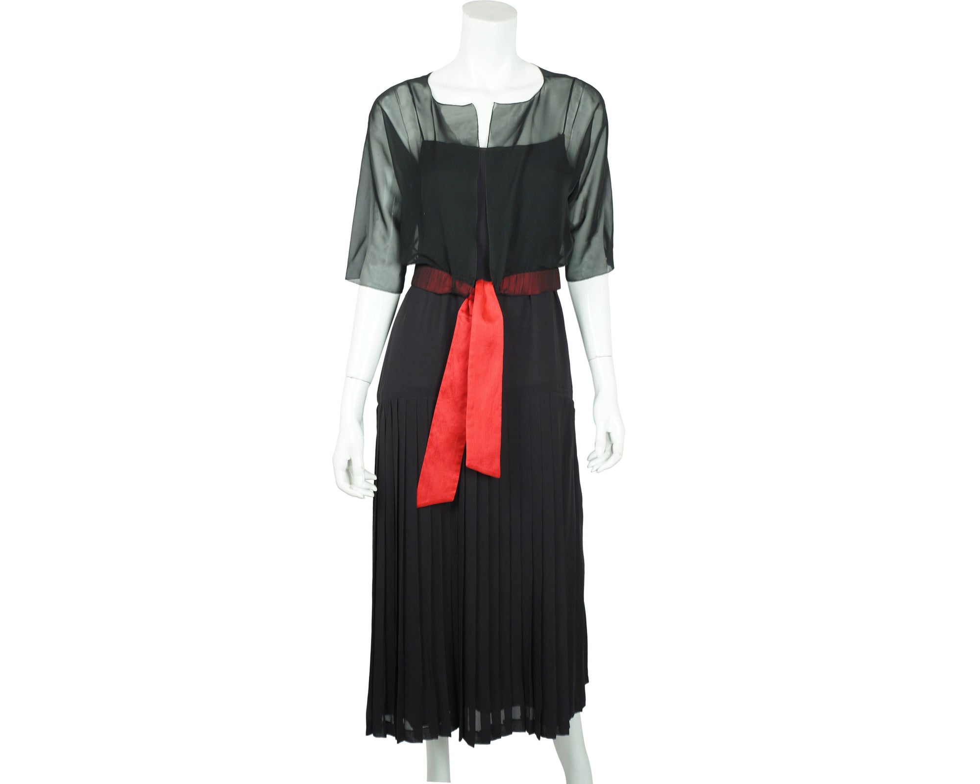Vintage 80s Karl Lagerfeld Dress Black Silk w Chiffon Top 42 - Poppy's Vintage Clothing