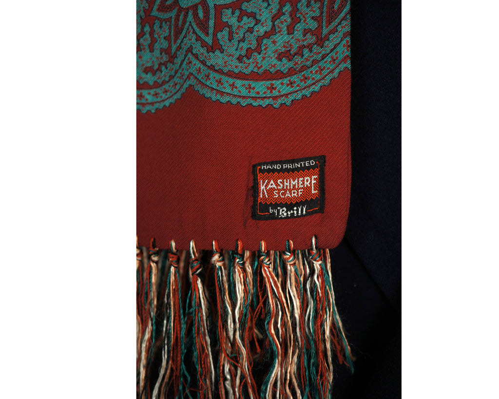 Vintage 1940s 50s Mens Fringed Scarf Hand Printed Paisley Kashmere by Brill - Poppy's Vintage Clothing