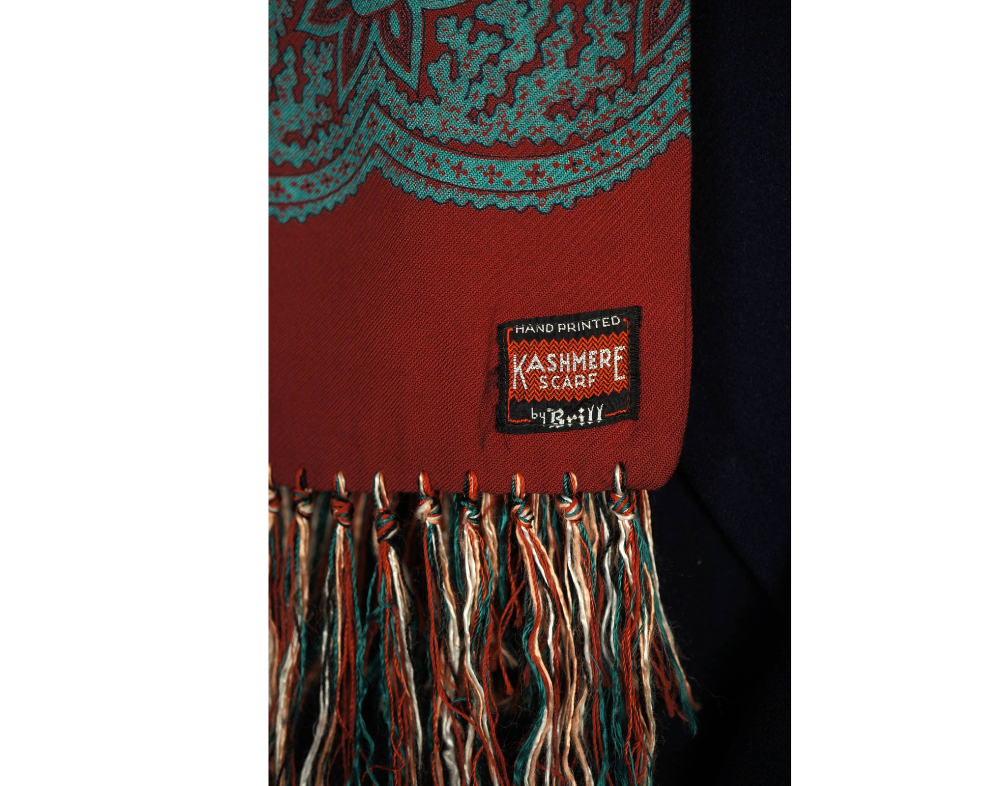 Vintage 1940s 50s Mens Fringed Scarf Hand Printed Paisley Kashmere by Brill - Poppy's Vintage Clothing