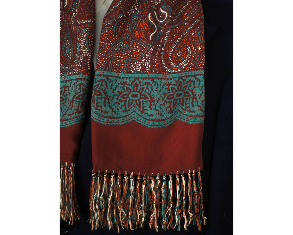 Vintage 1940s 50s Mens Fringed Scarf Hand Printed Paisley Kashmere by Brill - Poppy's Vintage Clothing
