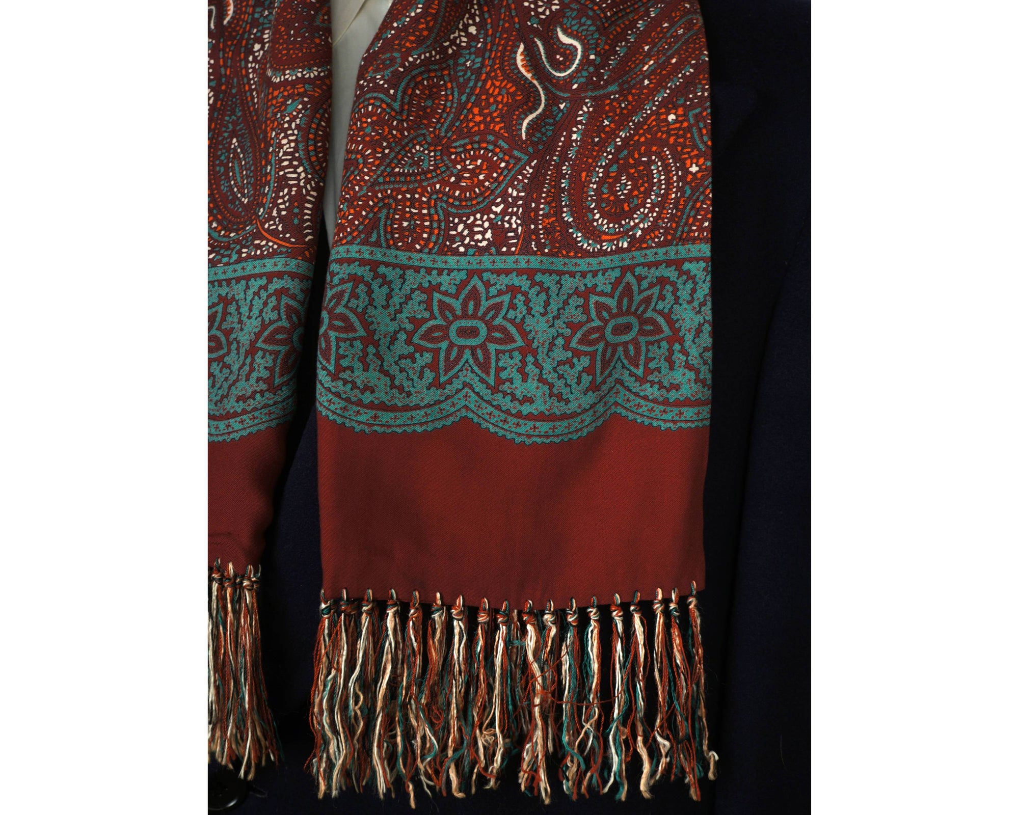 Vintage 1940s 50s Mens Fringed Scarf Hand Printed Paisley Kashmere by Brill - Poppy's Vintage Clothing