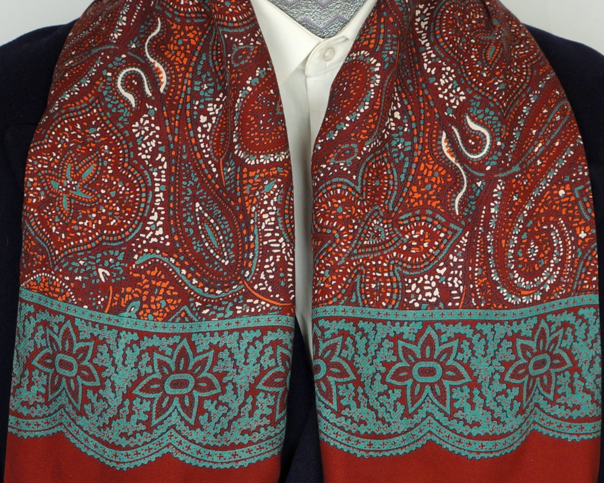 Vintage 1940s 50s Mens Fringed Scarf Hand Printed Paisley Kashmere by Brill - Poppy's Vintage Clothing