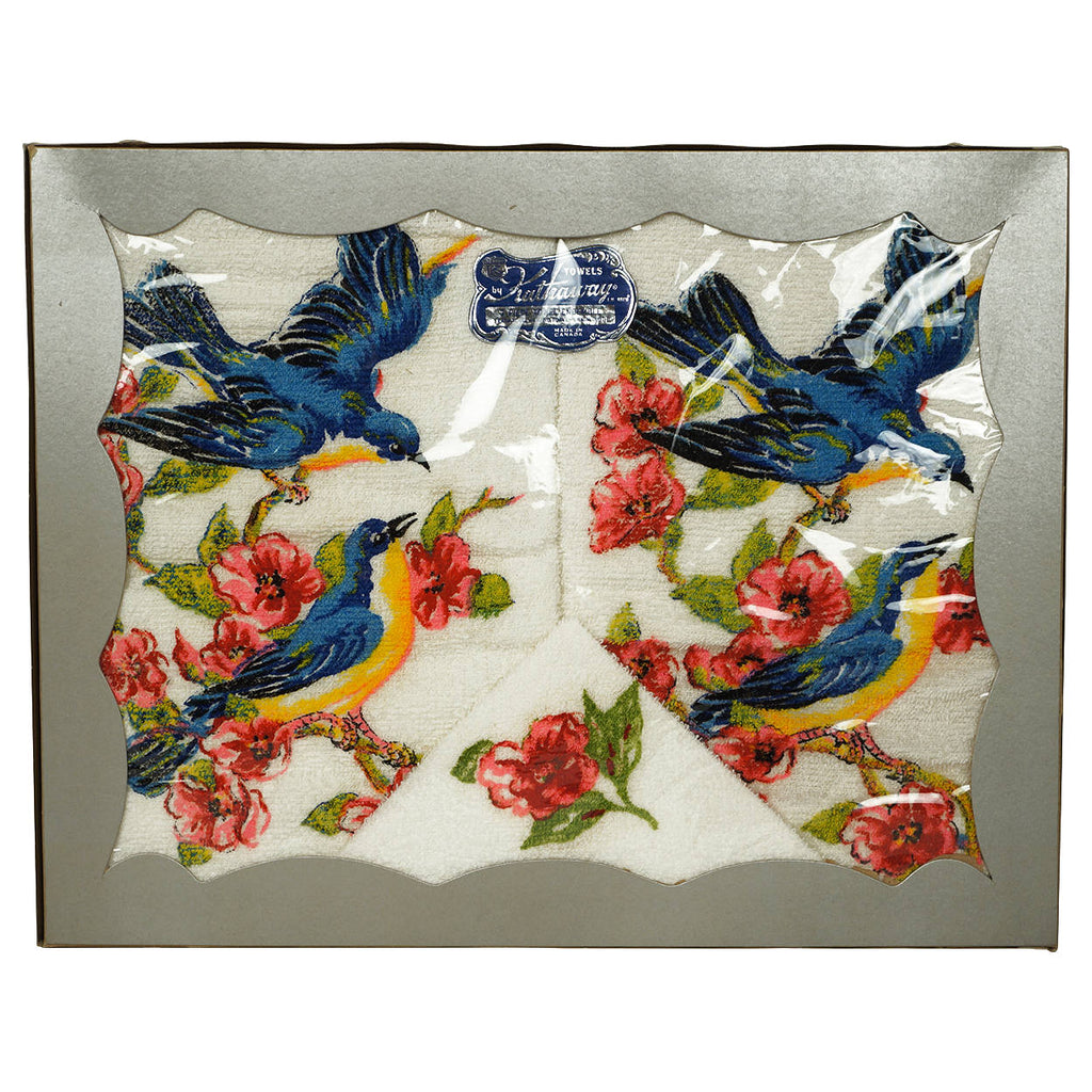 Vintage 1950s Unused Towel Set Blue Birds by Kathaway NOS in Box 3 Pieces - Poppy's Vintage Clothing
