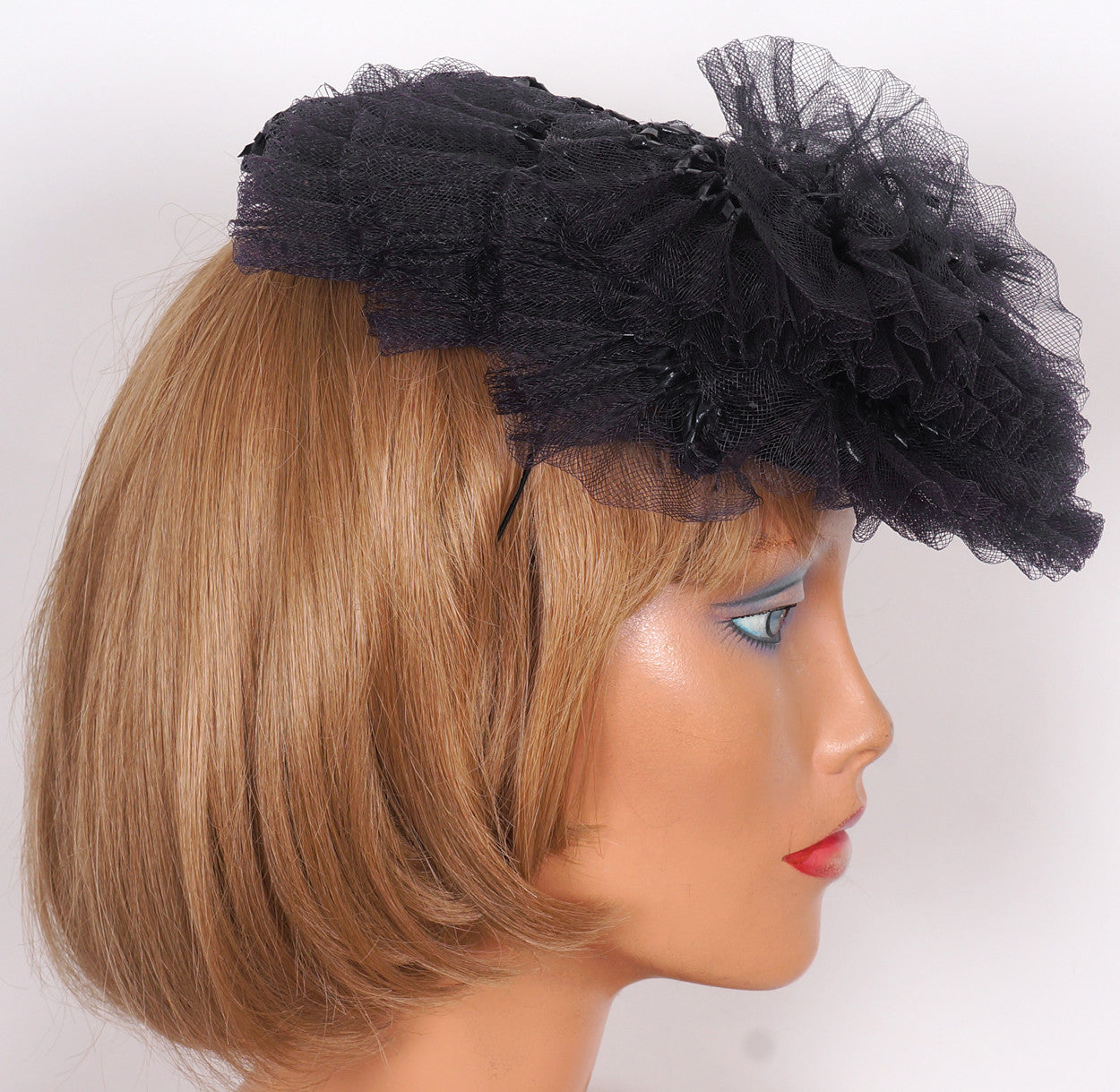 1930s Cocktail Hat by Kathleen New York, Dark Blue-Black Lacquered Straw - Poppy's Vintage Clothing