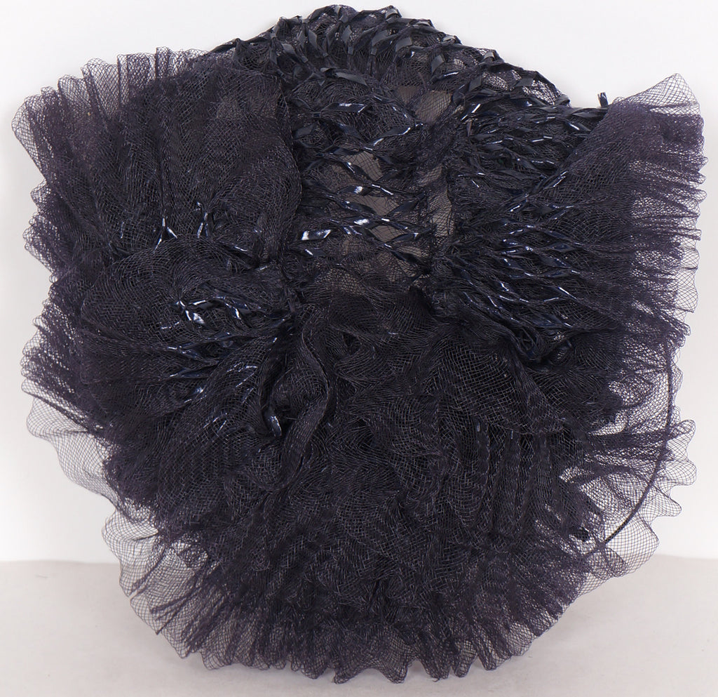 1930s Cocktail Hat by Kathleen New York, Dark Blue-Black Lacquered Straw - Poppy's Vintage Clothing