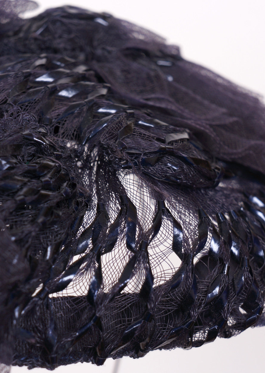 1930s Cocktail Hat by Kathleen New York, Dark Blue-Black Lacquered Straw - Poppy's Vintage Clothing