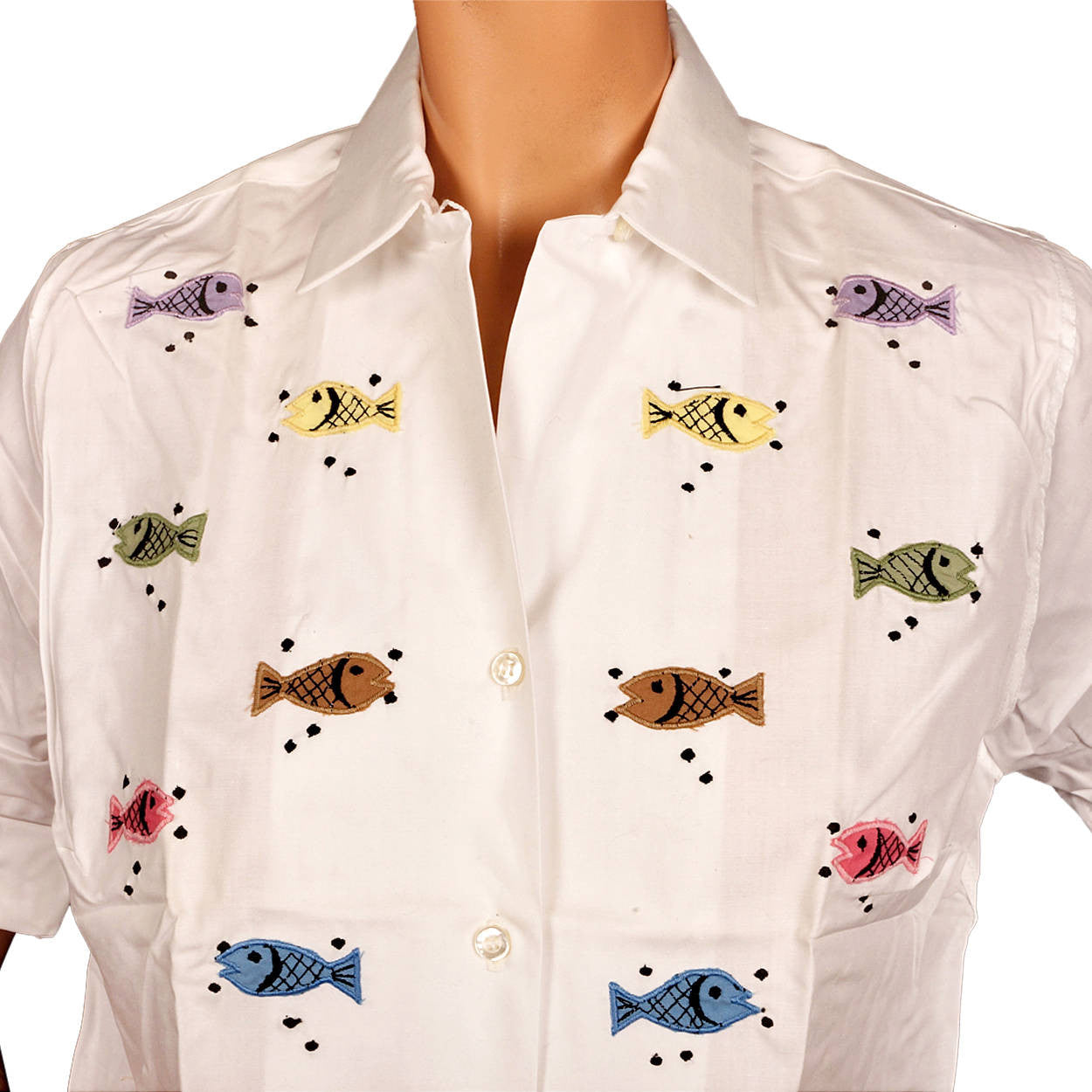 Vintage 1960s Appliqued Fish Blouse by Kay Silver NOS Unused Size L 12 - Poppy's Vintage Clothing