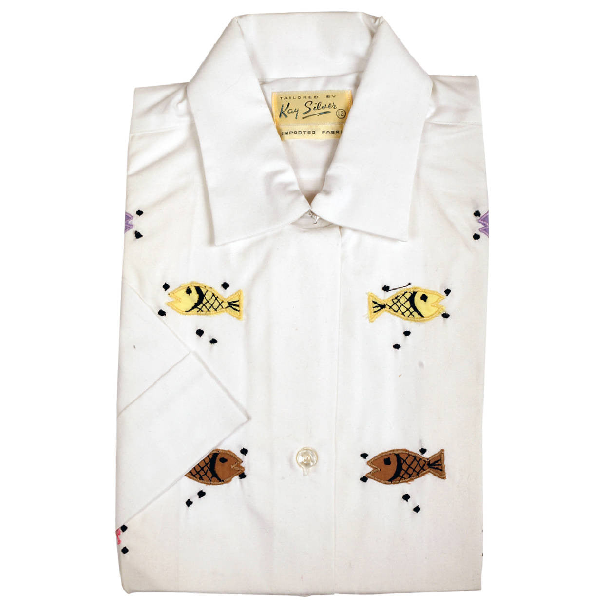 Vintage 1960s Appliqued Fish Blouse by Kay Silver NOS Unused Size L 12 - Poppy's Vintage Clothing