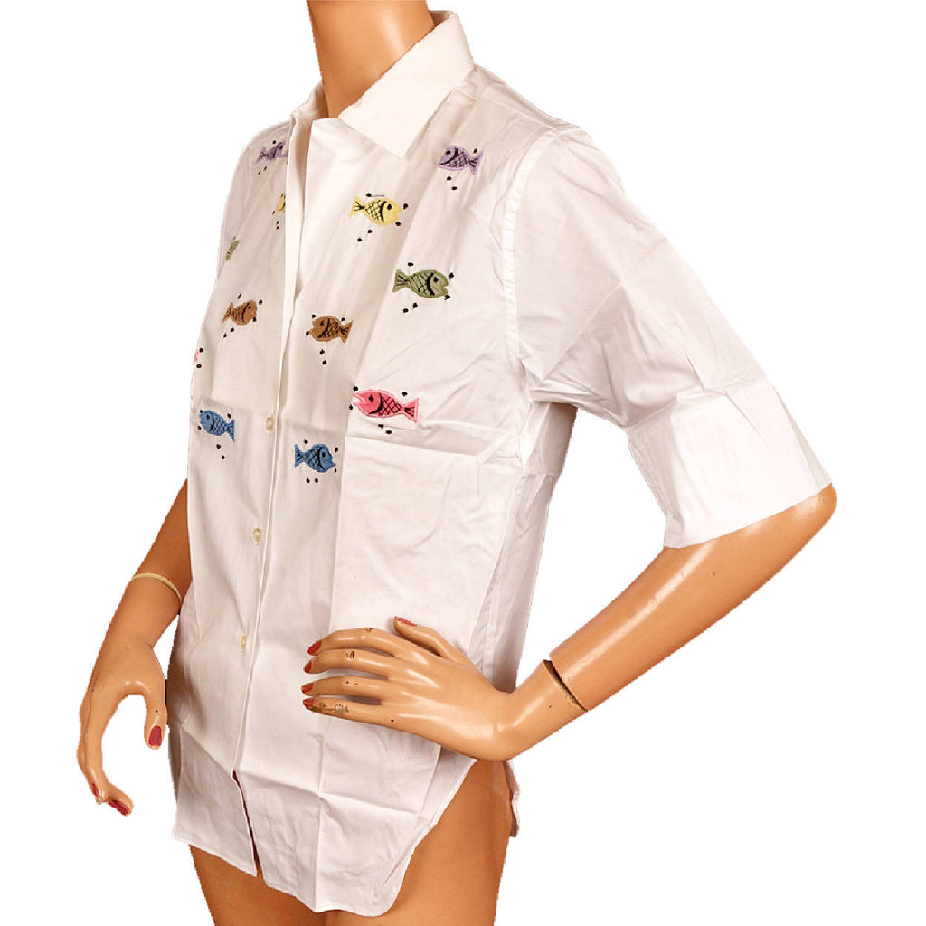 Vintage 1960s Appliqued Fish Blouse by Kay Silver NOS Unused Size L 12 - Poppy's Vintage Clothing