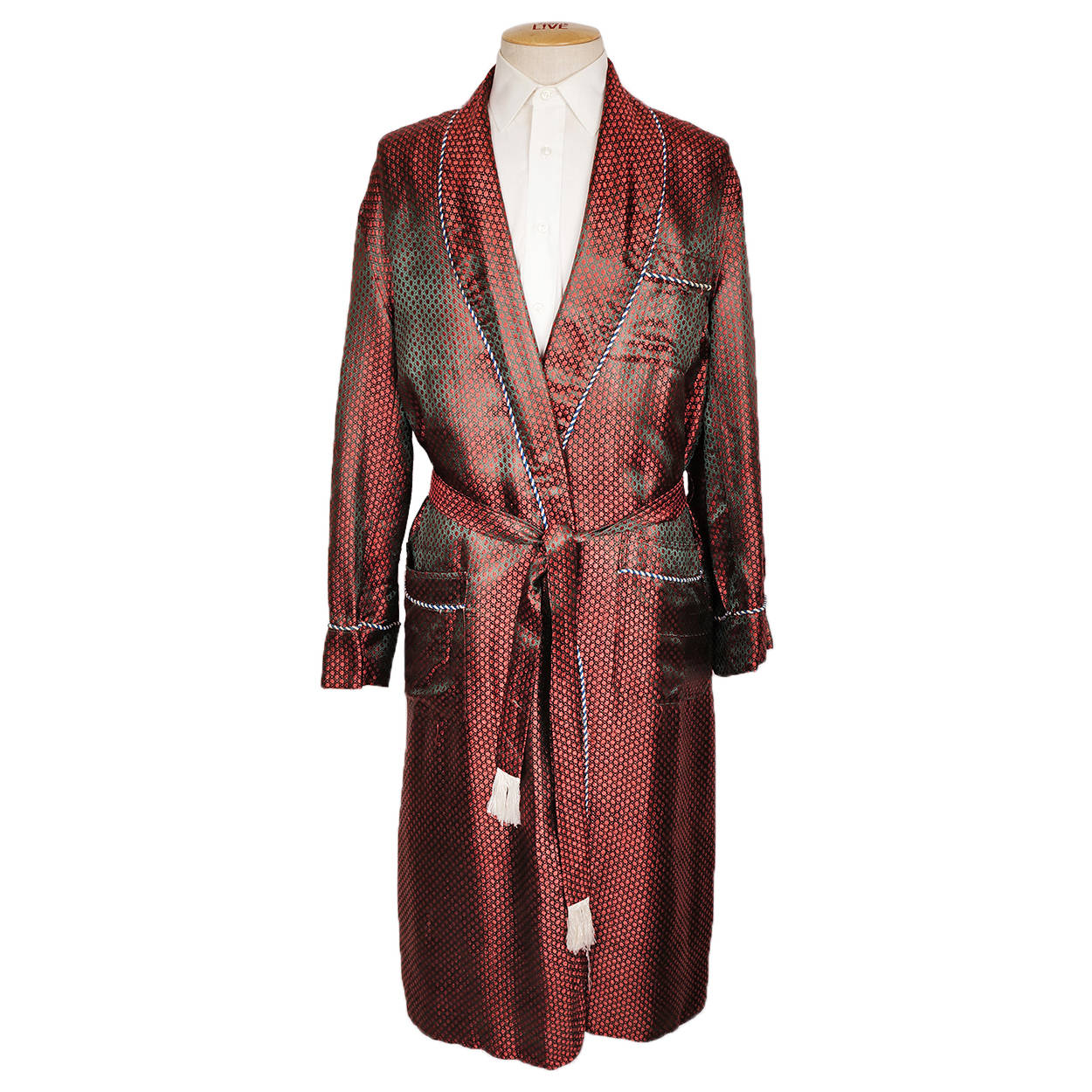 Vintage Mens Dressing Gown Two Tone Woven Satin Robe Khanel Oustaz Egypt Size L XL - Poppy's Vintage Clothing