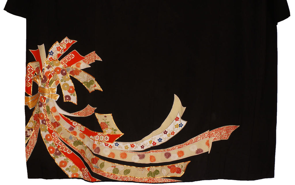 Vintage Kimono Showa Period Geisha Hikizuri Trailing Kuro Tomesode - Poppy's Vintage Clothing