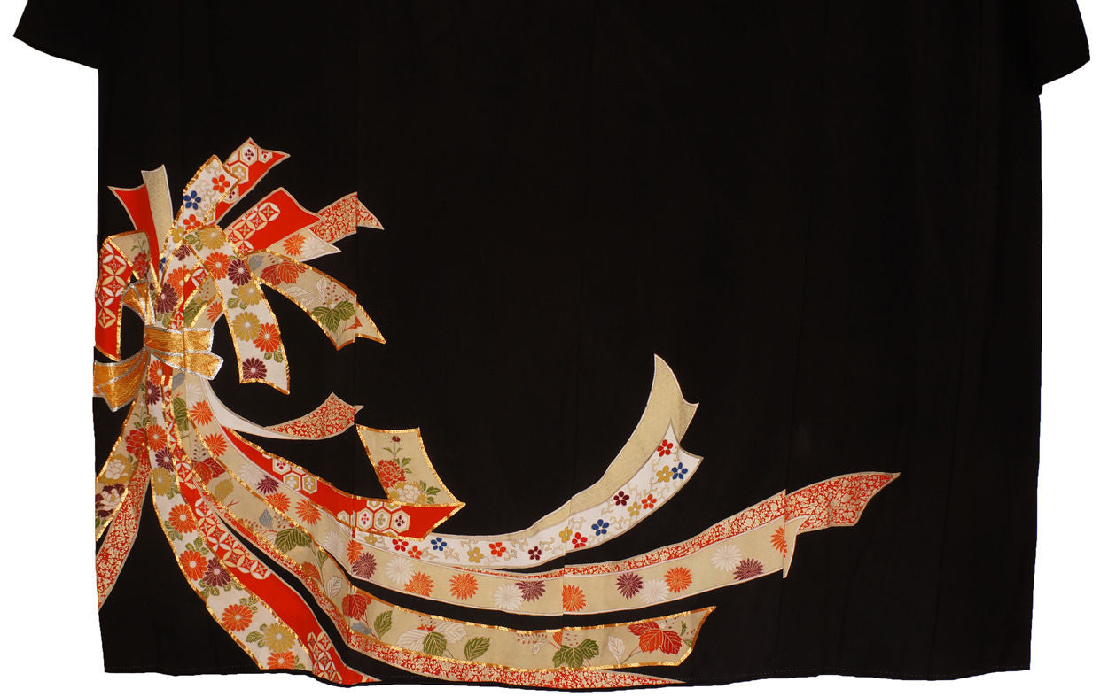 Vintage Kimono Showa Period Geisha Hikizuri Trailing Kuro Tomesode - Poppy's Vintage Clothing