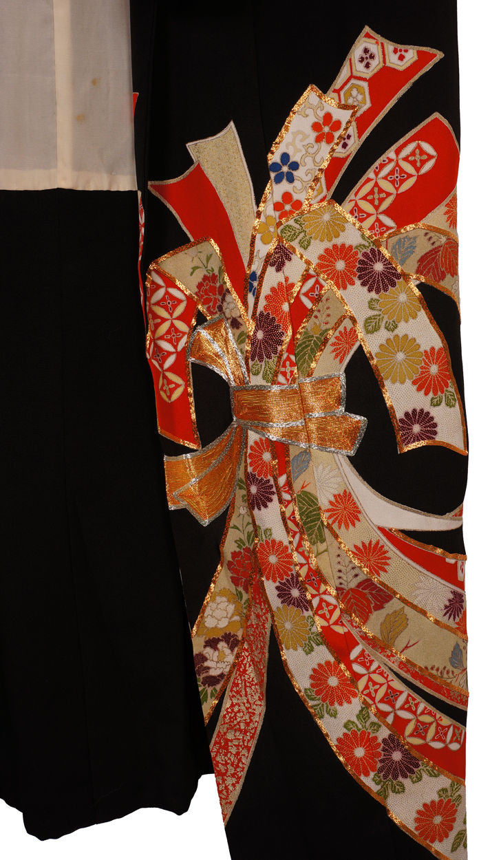 Vintage Kimono Showa Period Geisha Hikizuri Trailing Kuro Tomesode - Poppy's Vintage Clothing