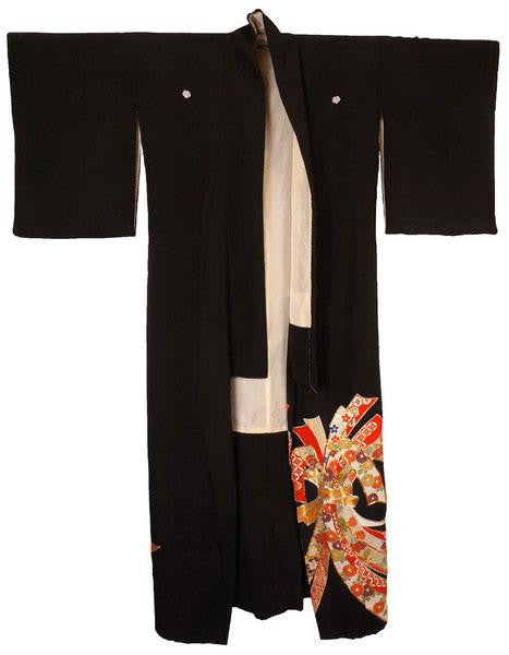 Vintage Kimono Showa Period Geisha Hikizuri Trailing Kuro Tomesode - Poppy's Vintage Clothing