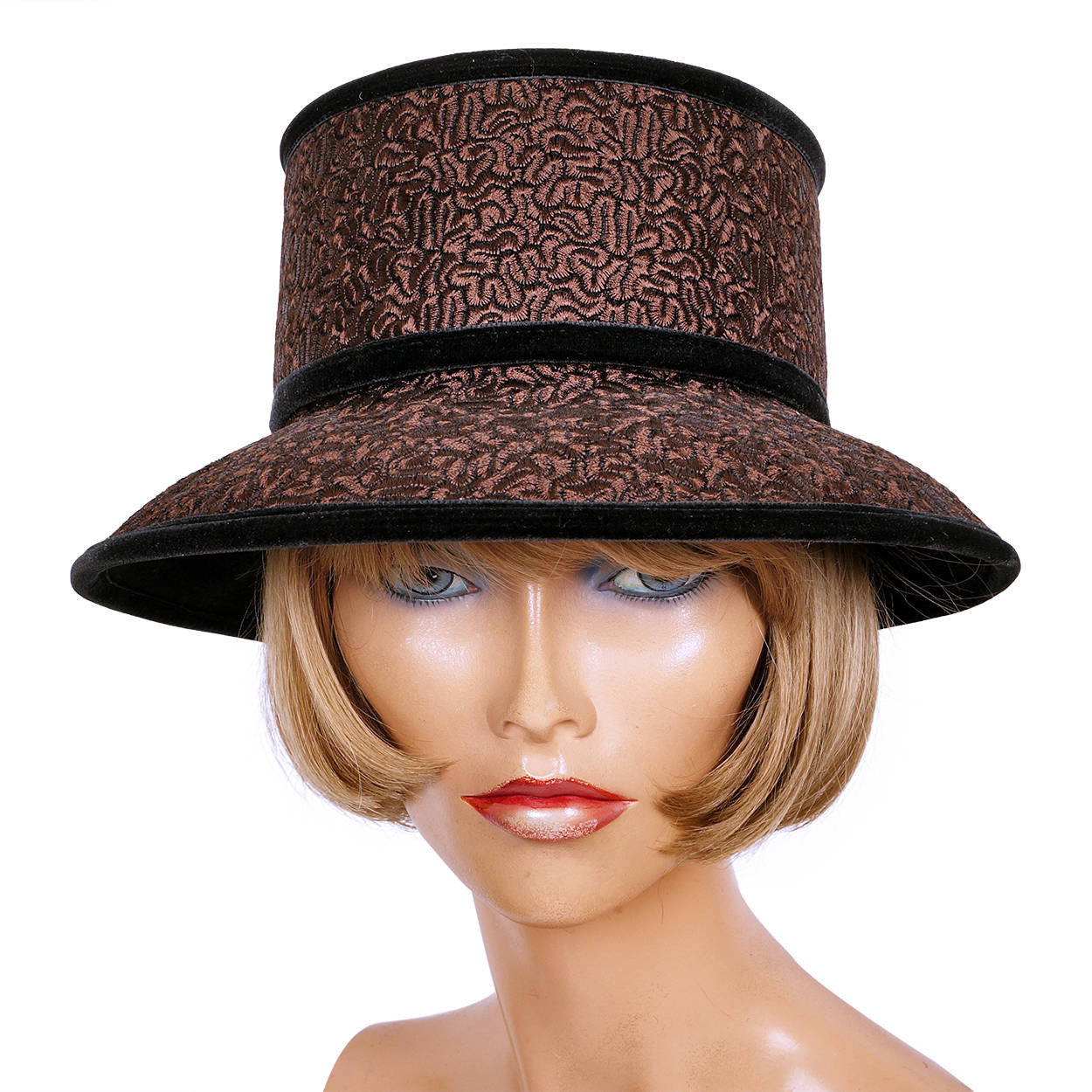 Vintage Kokin New York Bucket Hat Brown Curly Wool w Black Velvet Ladies Size M - Poppy's Vintage Clothing