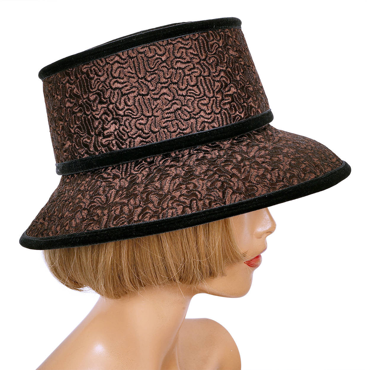 Vintage Kokin New York Bucket Hat Brown Curly Wool w Black Velvet Ladies Size M - Poppy's Vintage Clothing