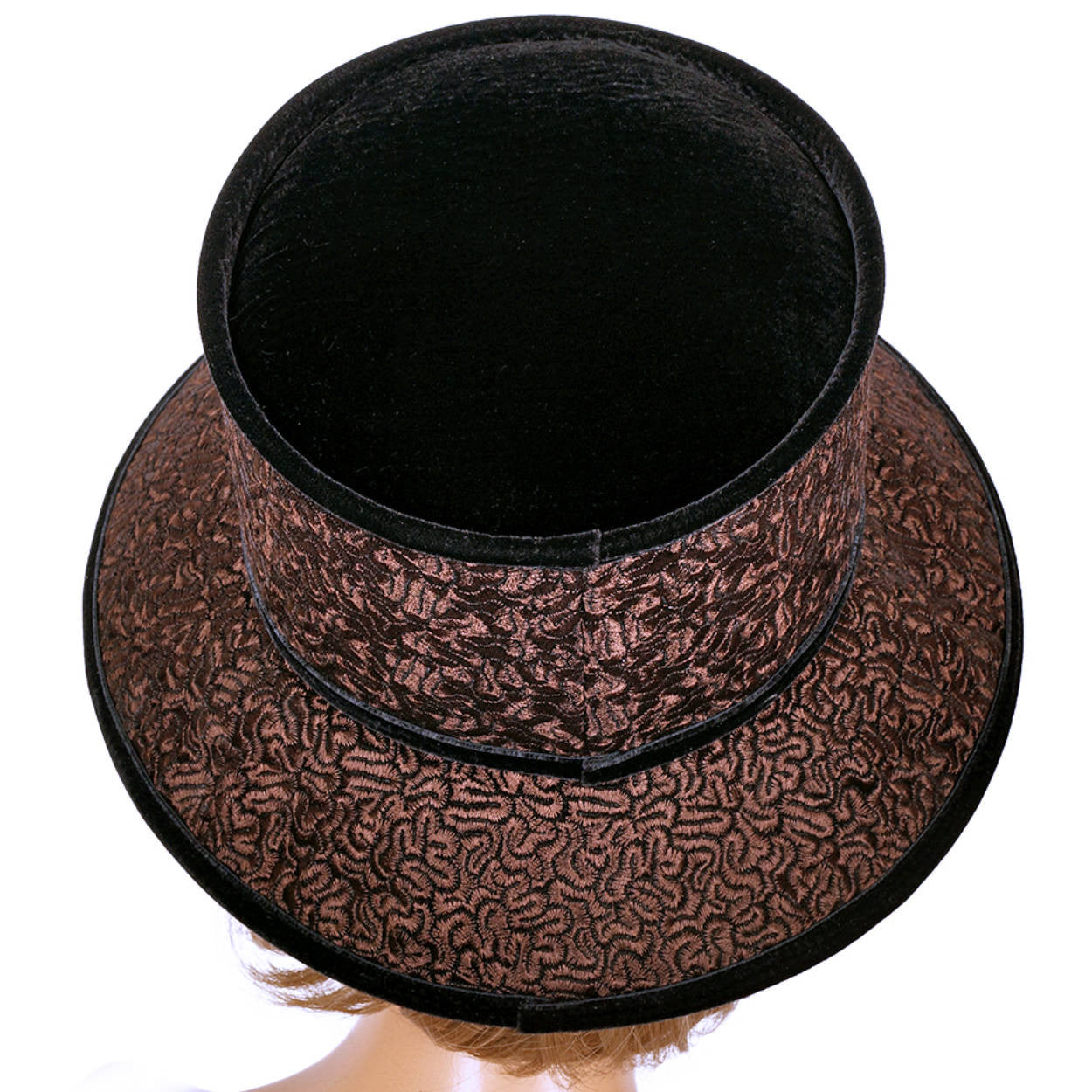 Vintage Kokin New York Bucket Hat Brown Curly Wool w Black Velvet Ladies Size M - Poppy's Vintage Clothing